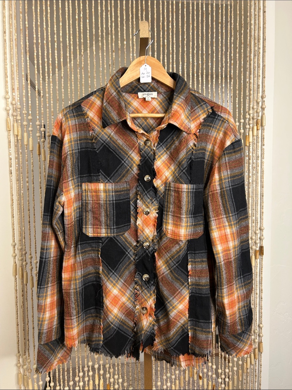 Umgee Plaid Button-Up Flannel With Fringe Detailing Size M